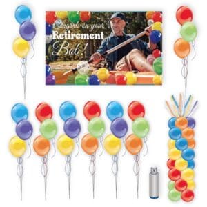 Personalized vinyl banner with 25 count helium tank with balloons, and balloon column, in your choice of colors.