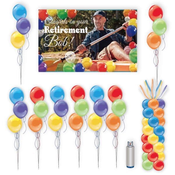 Personalized vinyl banner with 25 count helium tank with balloons, and balloon column, in your choice of colors.