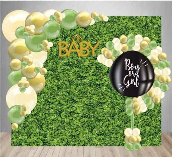 Gender Reveal Decor Package 7: Printed vinyl backdrop, organic balloon arch, balloon pop filled with confetti & balloons, and light-up baby blocks.