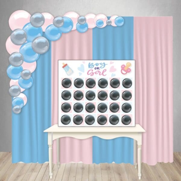 Gender Reveal Decor Package 6: A curtain backdrop, personalized dartboard game filled with gender revealing balloons, & organic balloons.