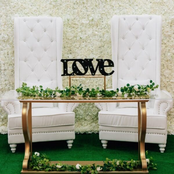 wedding backdrop with gold tables throne chairs flower wall floral-1