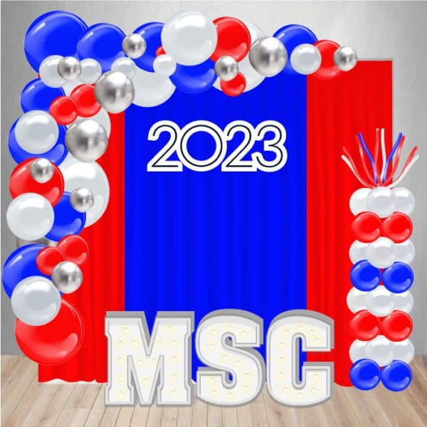 Our Graduation Decor Package 4 includes a curtain backdrop, 2023 wooden sign rental, and two balloon columns in your choice of colors.